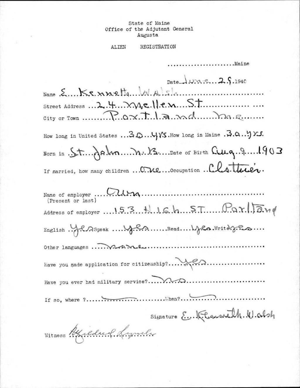 Miniature of Alien Registration- Walsh, E Kenneth (Portland, Cumberland County)