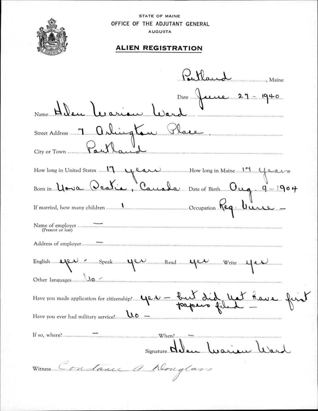 Miniature of Alien Registration- Wariou, Helen (Portland, Cumberland County)
