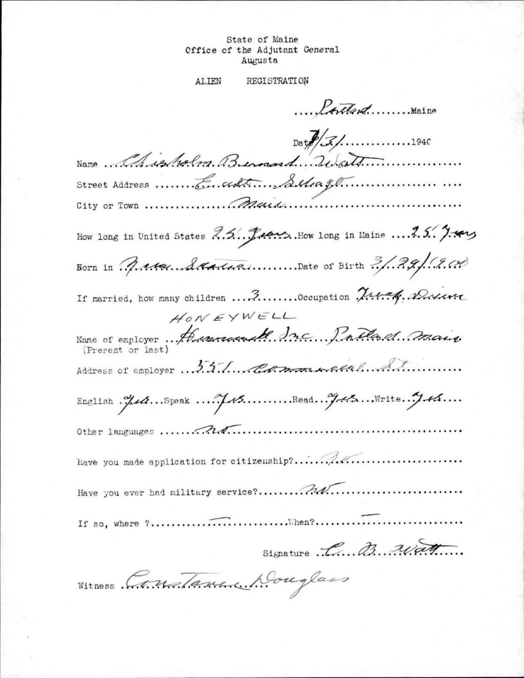 Miniature of Alien Registration- Watt, Chisholm B. (Portland, Cumberland County)