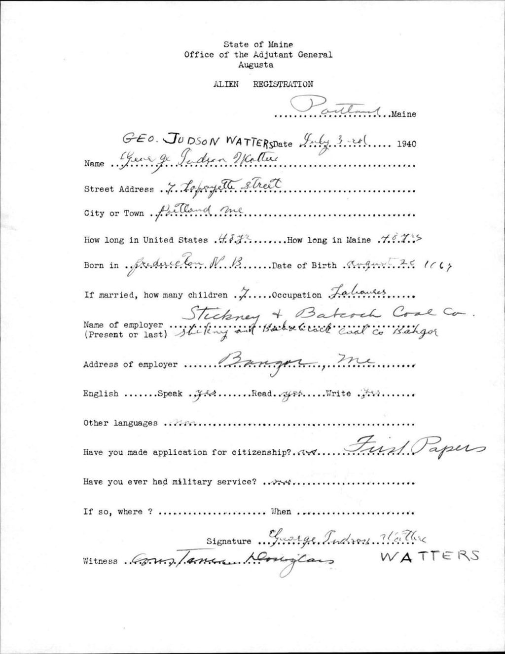 Miniature of Alien Registration- Watters, George J. (Portland, Cumberland County)