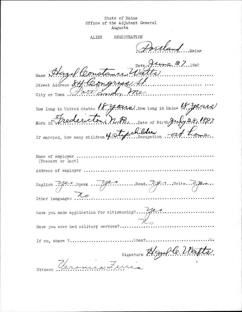 Miniature of Alien Registration- Watts, Hazel C. (Portland, Cumberland County)