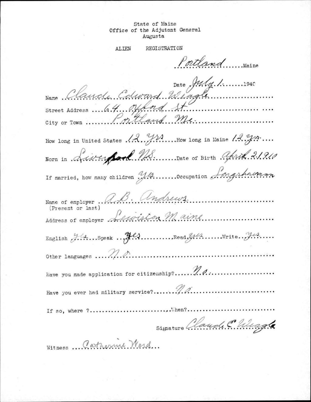 Miniature of Alien Registration- Weagle, Claude E. (Portland, Cumberland County)