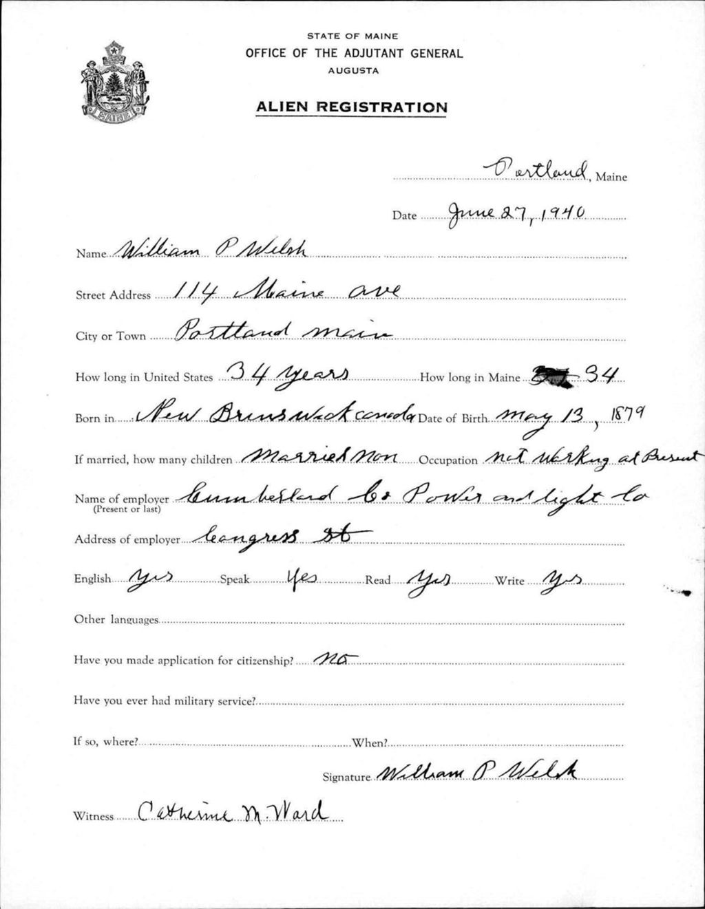 Miniature of Alien Registration- Welsh, William P. (Portland, Cumberland County)