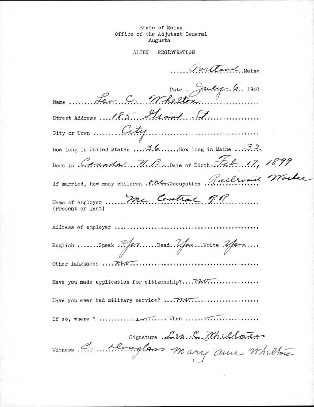 Miniature of Alien Registration- Whelton, Leo C. (Portland, Cumberland County)