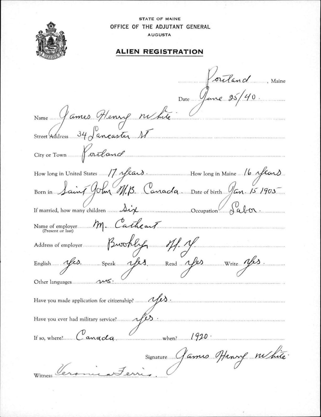 Miniature of Alien Registration- White, James H. (Portland, Cumberland County)