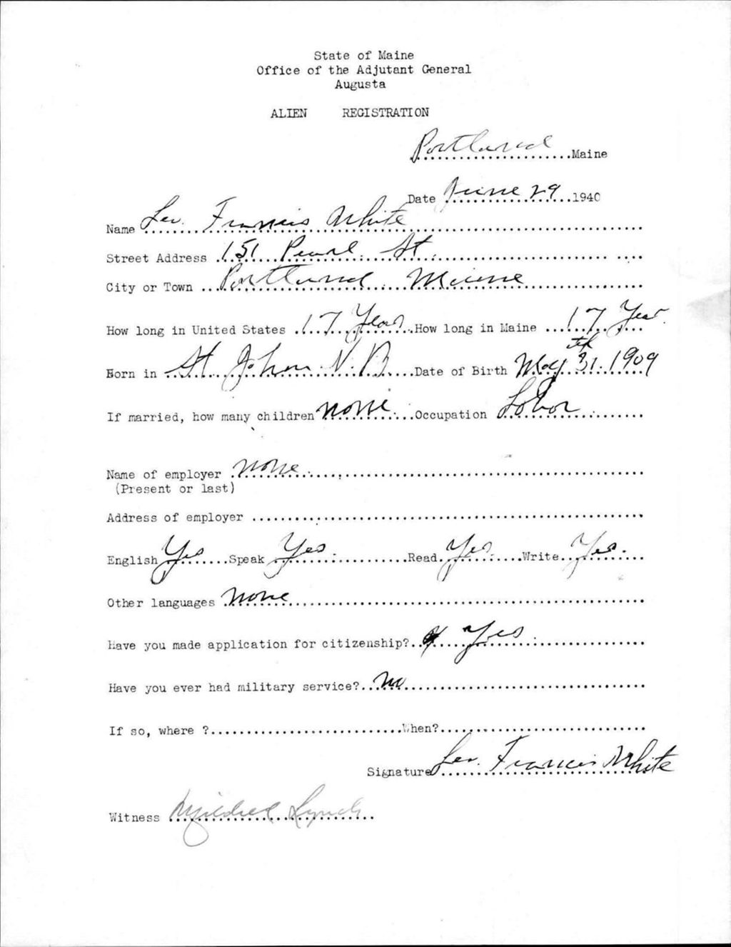 Miniature of Alien Registration- White, Leo F. (Portland, Cumberland County)