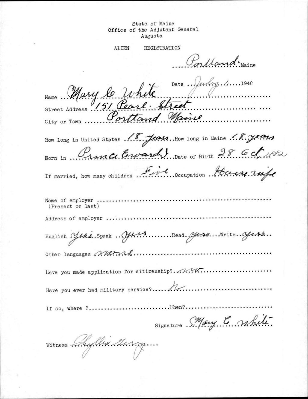 Miniature of Alien Registration- White, Mary C. (Portland, Cumberland County)