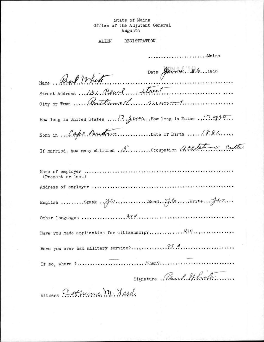 Miniature of Alien Registration- White, Paul (Portland, Cumberland County)