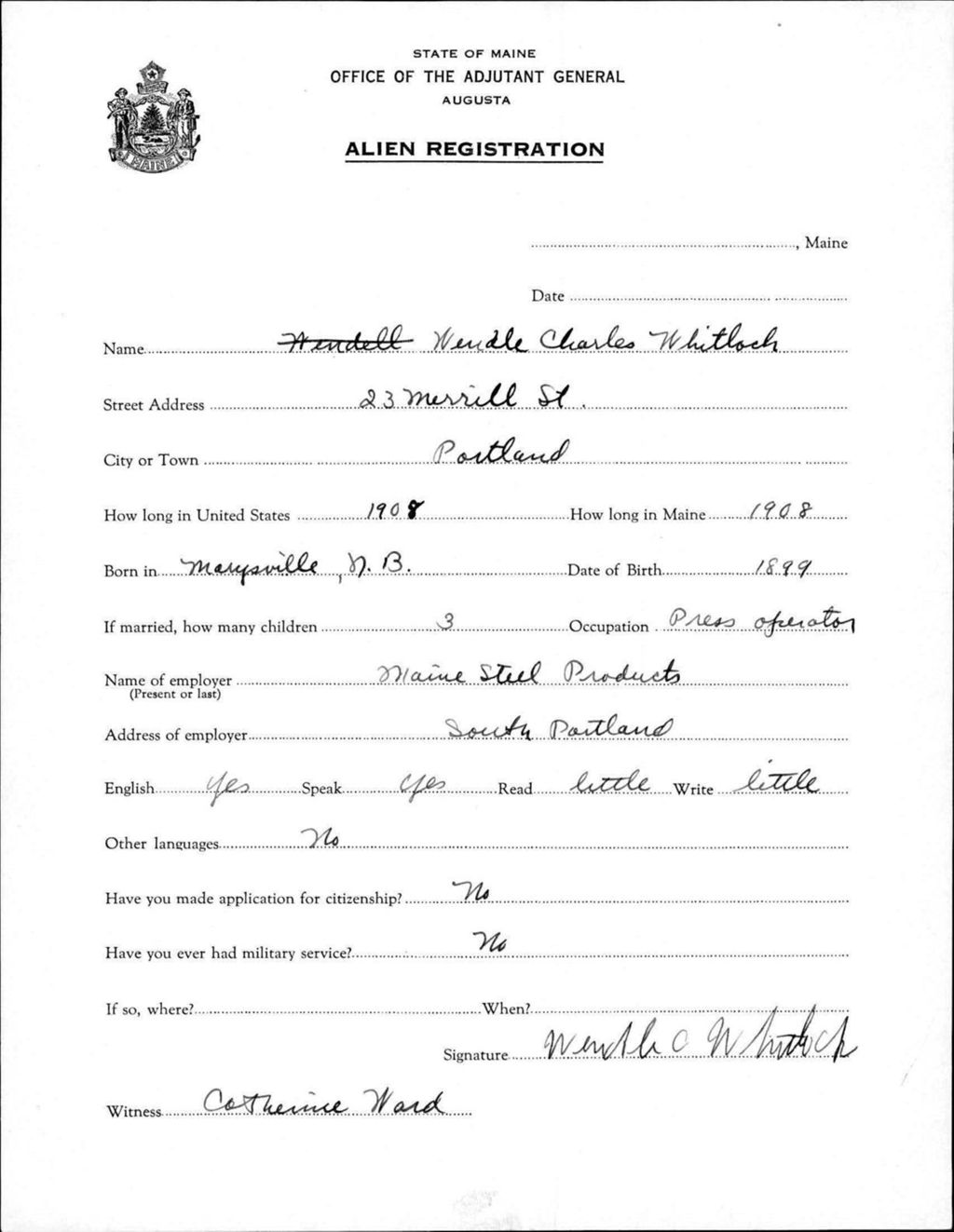 Miniature of Alien Registration- Whitlock, Wendle C. (Portland, Cumberland County)
