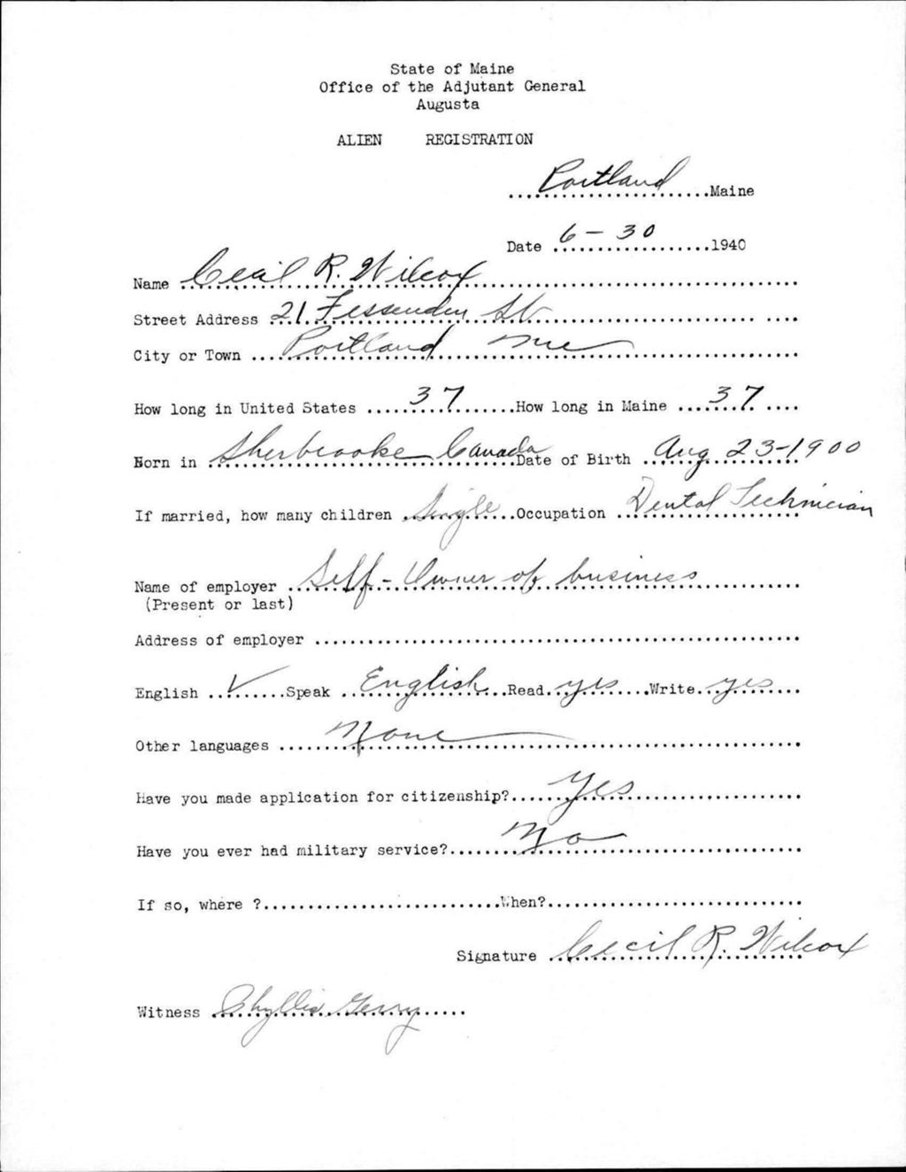 Miniature of Alien Registration- Wilcox, Cecil R. (Portland, Cumberland County)