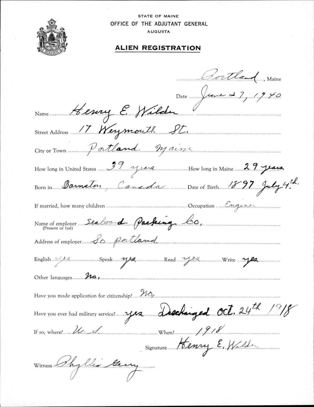 Miniature of Alien Registration- Wilder, Henry E. (Portland, Cumberland County)