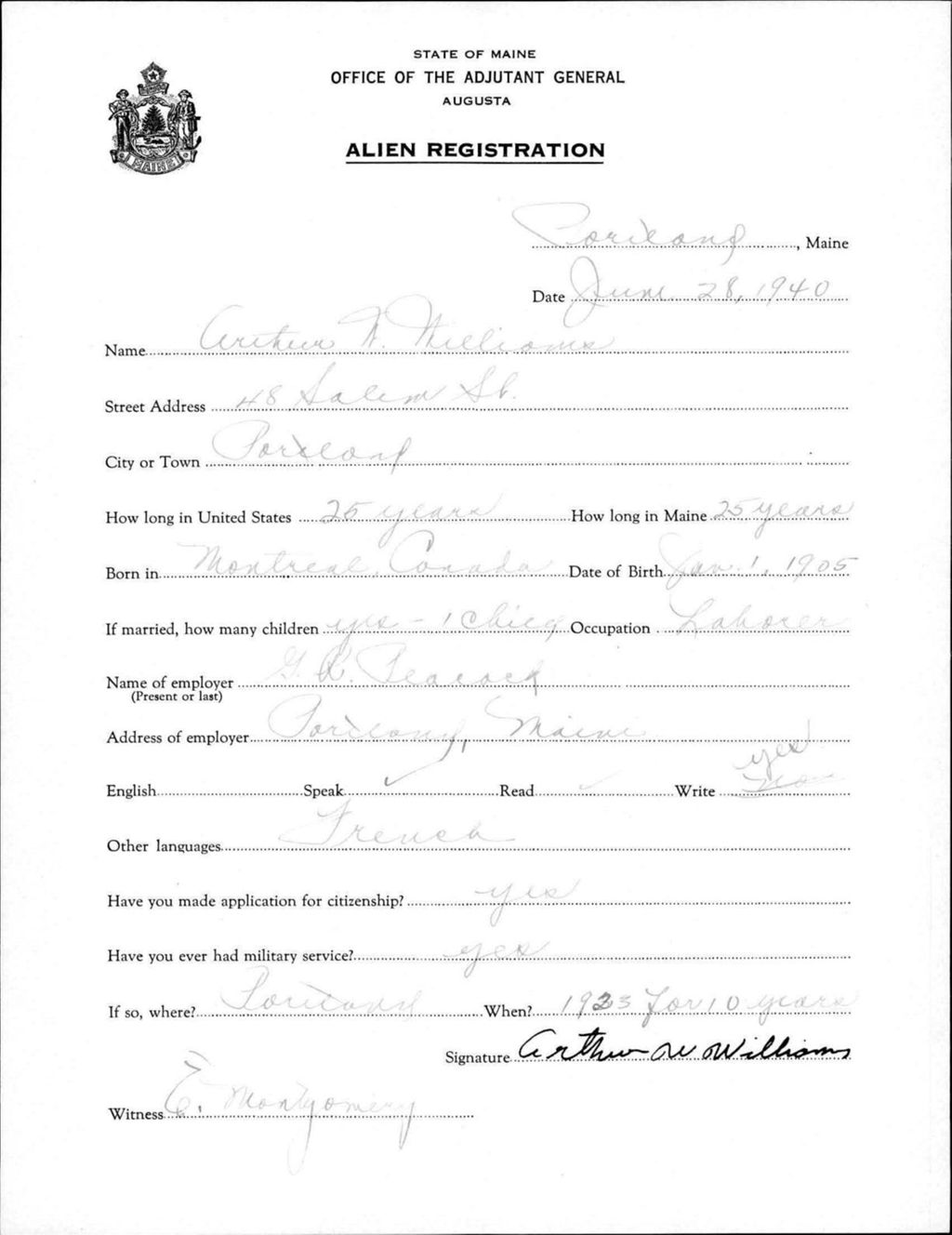 Miniature of Alien Registration- Williams, Arthur W. (Portland, Cumberland County)