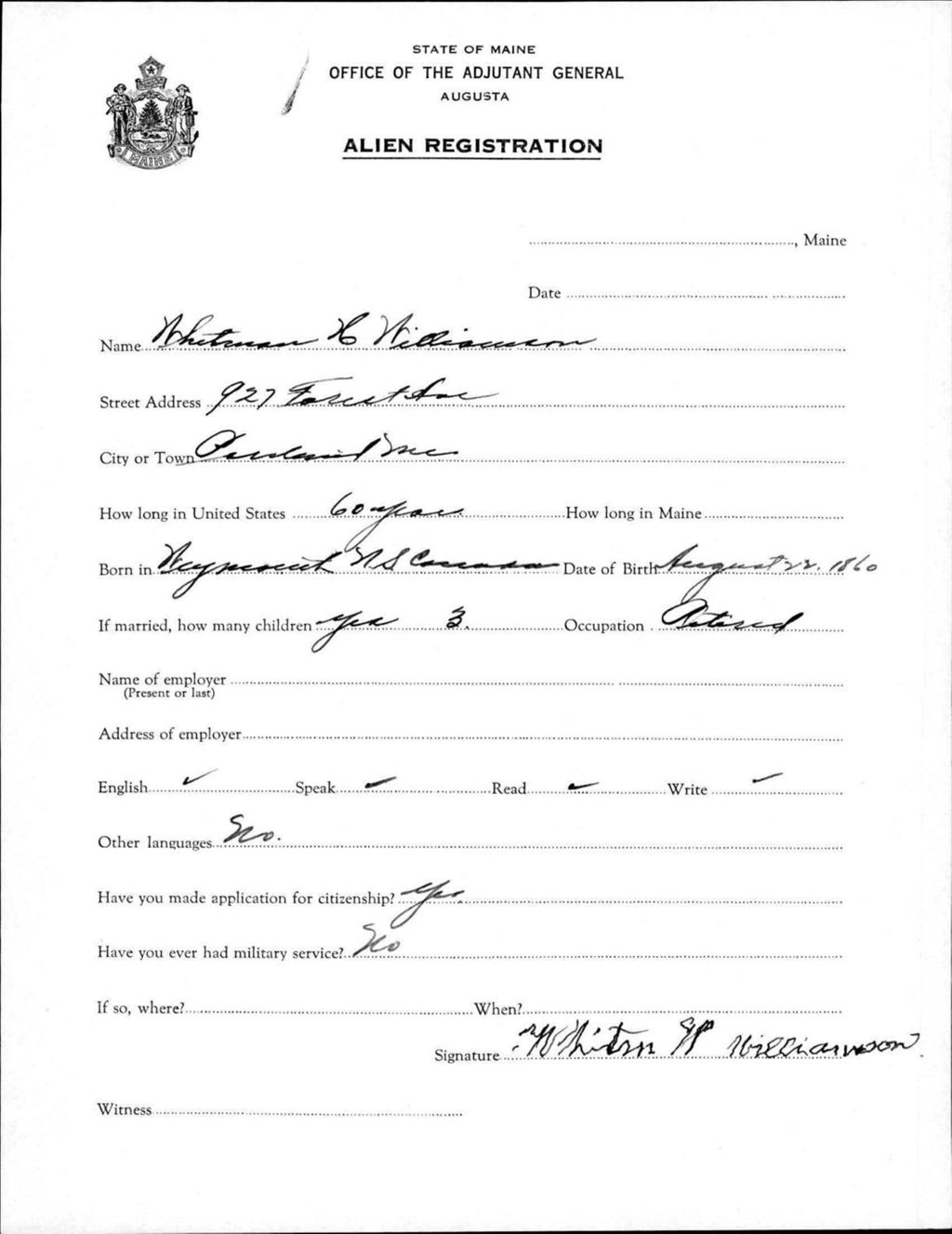 Miniature of Alien Registration- Williamson, Whitman W. (Portland, Cumberland County)