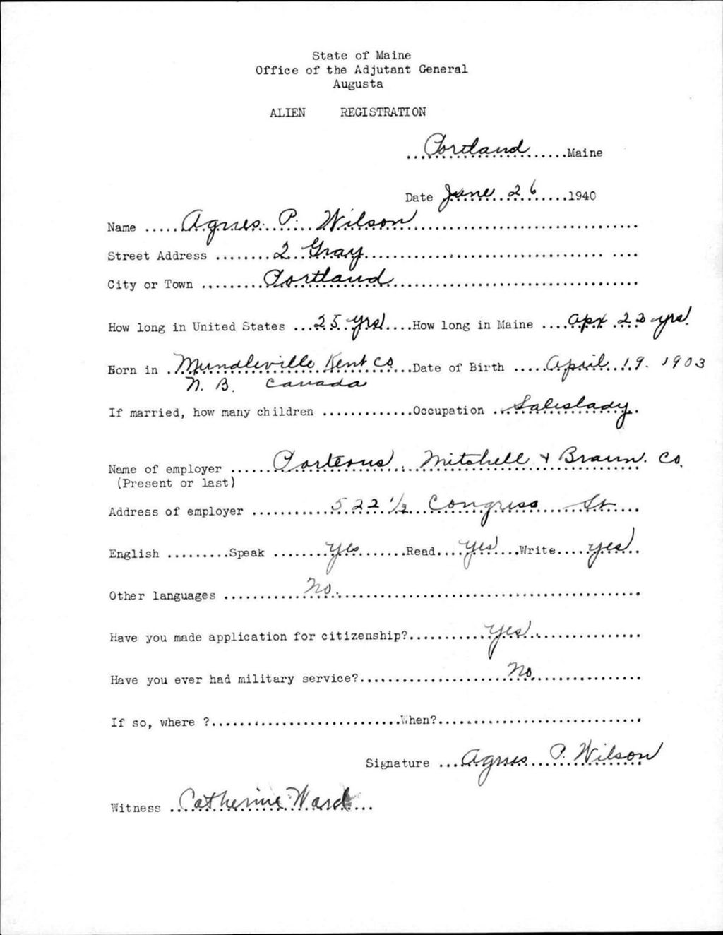 Miniature of Alien Registration- Wilson, Agnes P. (Portland, Cumberland County)