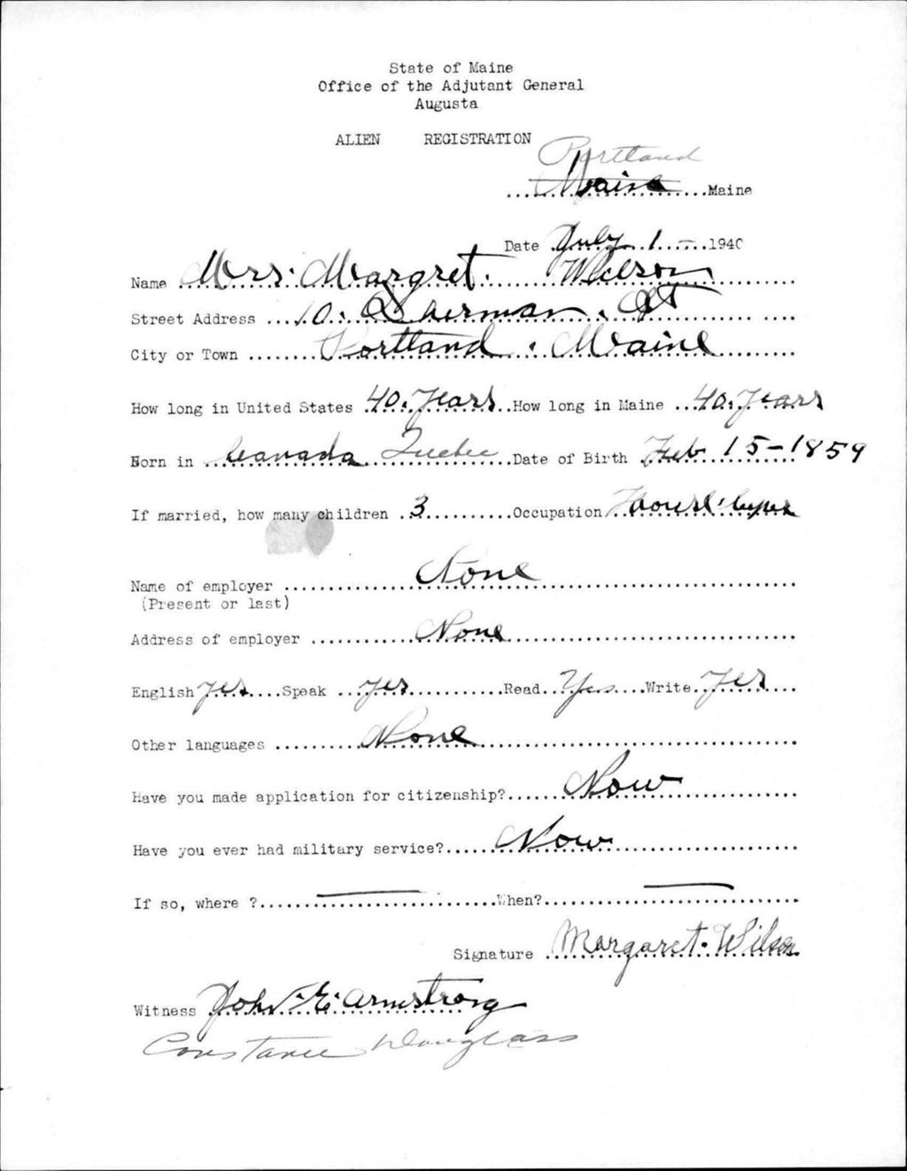 Miniature of Alien Registration- Wilson, Margaret (Portland, Cumberland County)
