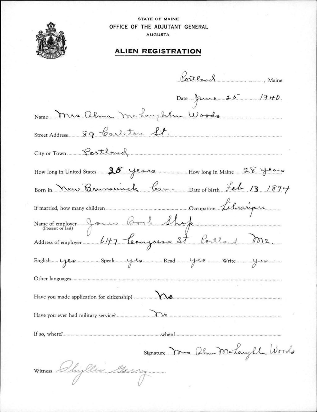 Miniature of Alien Registration- Mclaughlin, Alma (Portland, Cumberland County)
