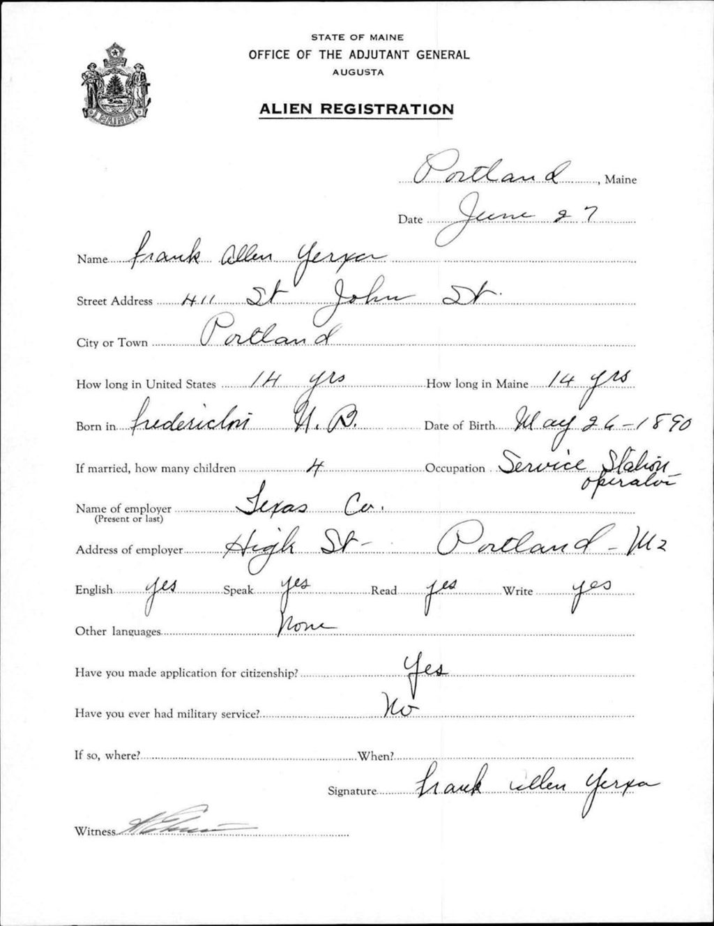 Miniature of Alien Registration- Yerxa, Frank A. (Portland, Cumberland County)