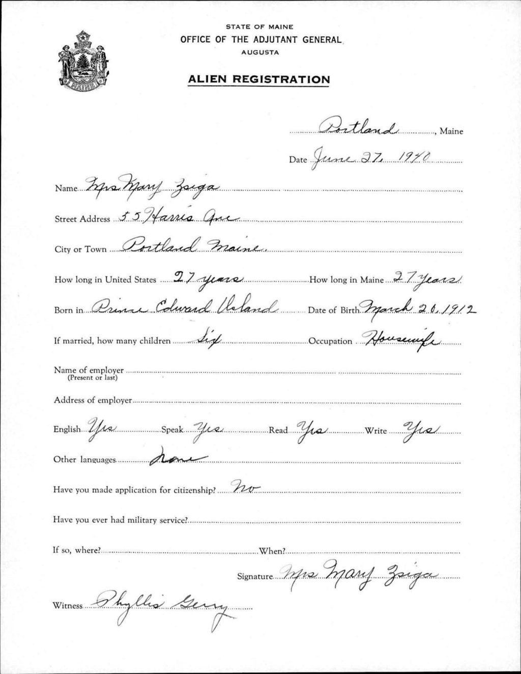Miniature of Alien Registration- Zsiga, Mary (Portland, Cumberland County)