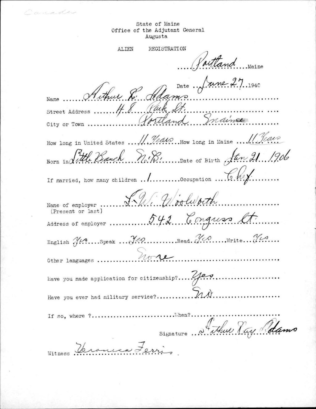 Miniature of Alien Registration- Adams, Arthur R. (Portland, Cumberland County)