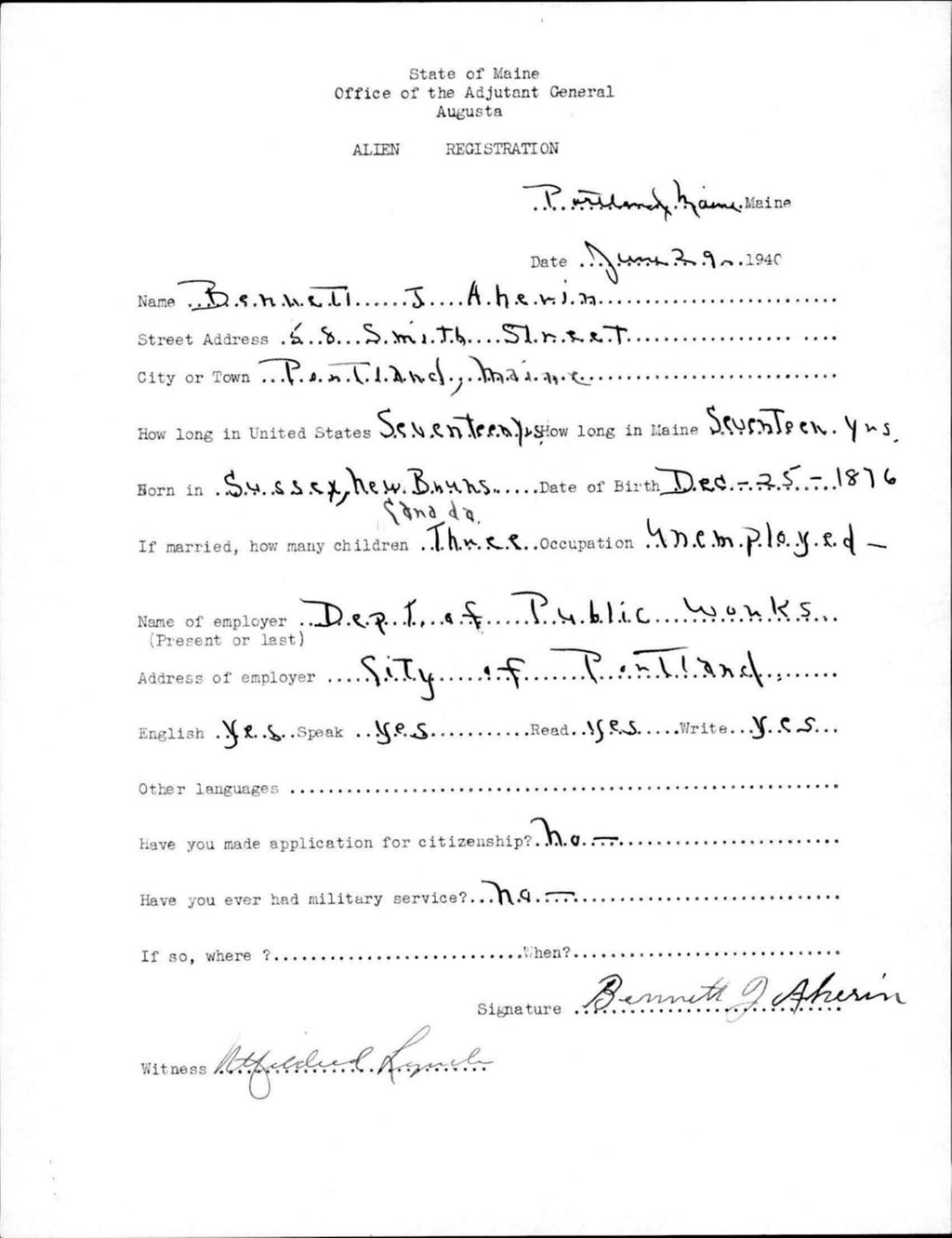 Miniature of Alien Registration- Aherin, Bennett J. (Portland, Cumberland County)