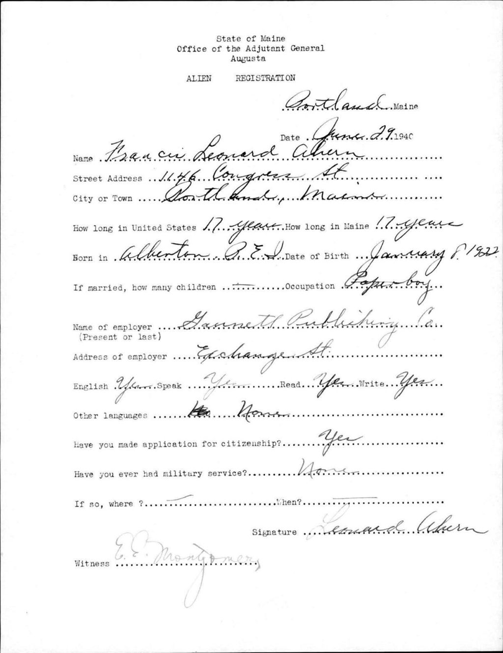 Miniature of Alien Registration- Ahern, Francis L. (Portland, Cumberland County)