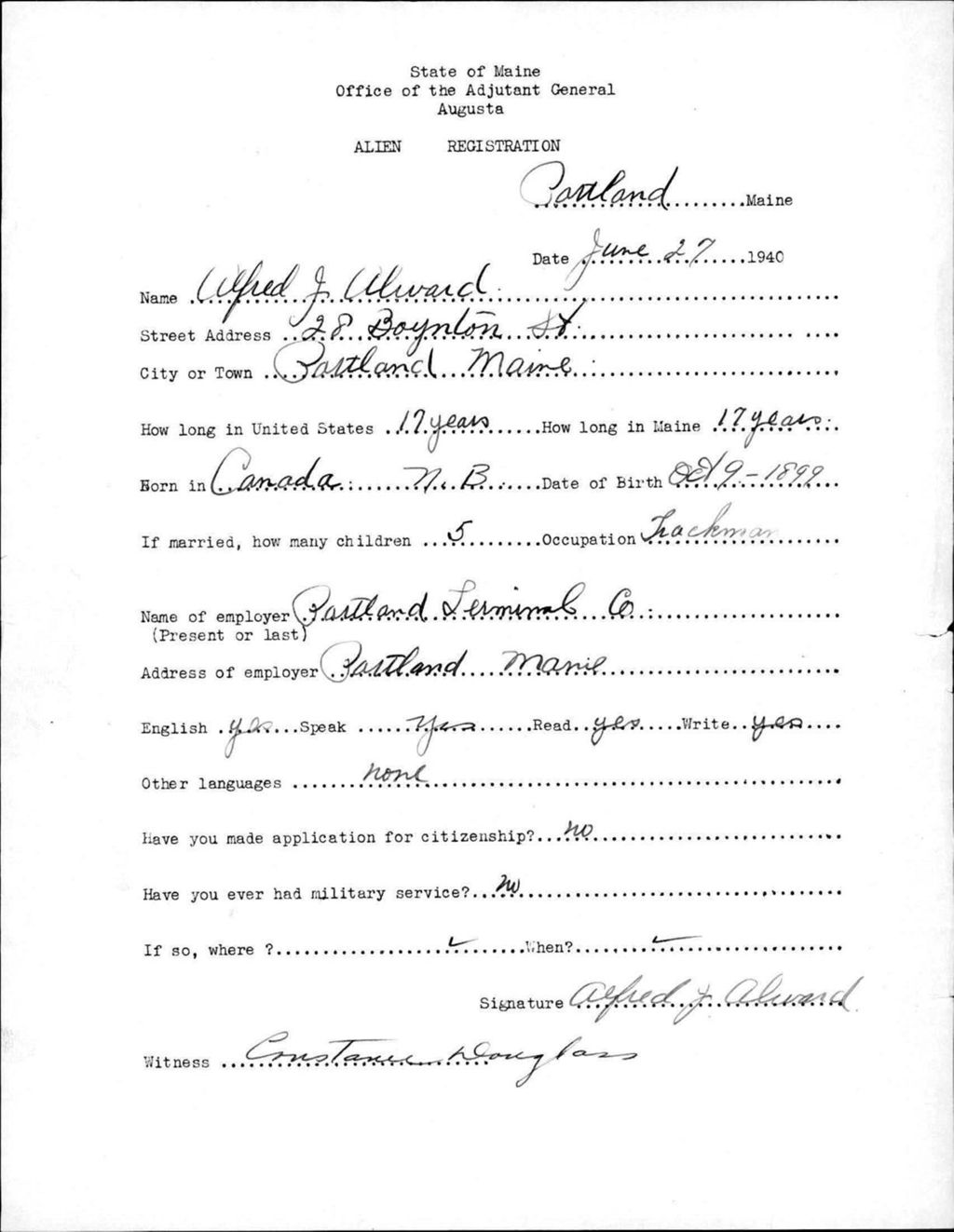 Miniature of Alien Registration- Alward, Alfred J. (Portland, Cumberland County)