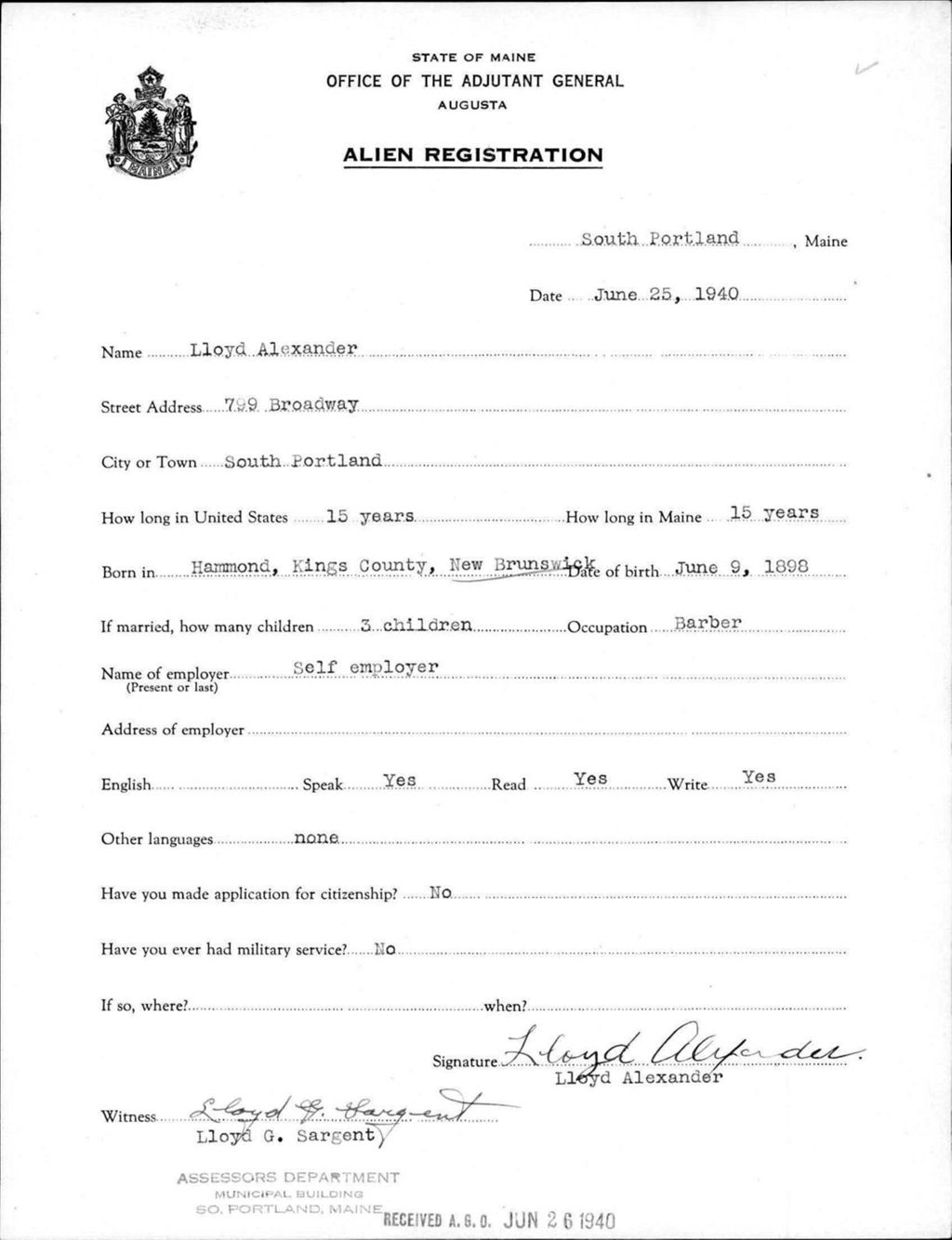 Miniature of Alien Registration- Alexander, Lloyd (Portland, Cumberland County)