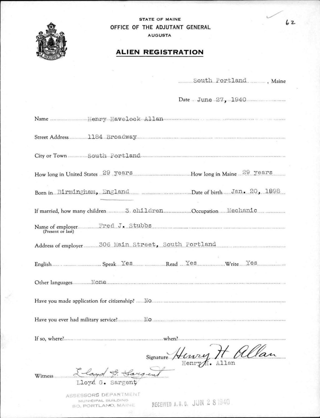 Miniature of Alien Registration- Allan, Henry H. (Portland, Cumberland County)