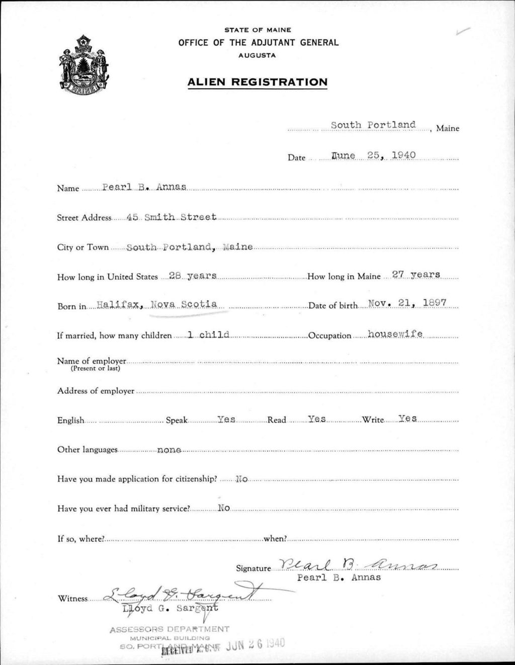 Miniature of Alien Registration- Annas, Pearl B. (Portland, Cumberland County)