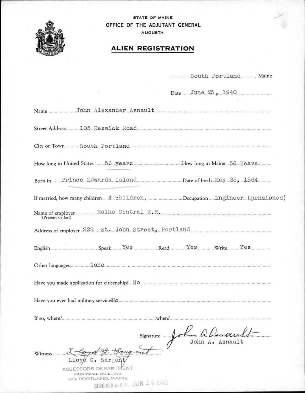 Miniature of Alien Registration- Asnault, John A. (Portland, Cumberland County)
