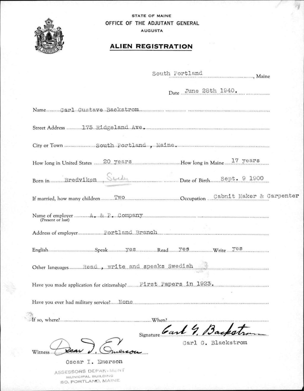 Miniature of Alien Registration- Backstrom, Carl G. (Portland, Cumberland County)