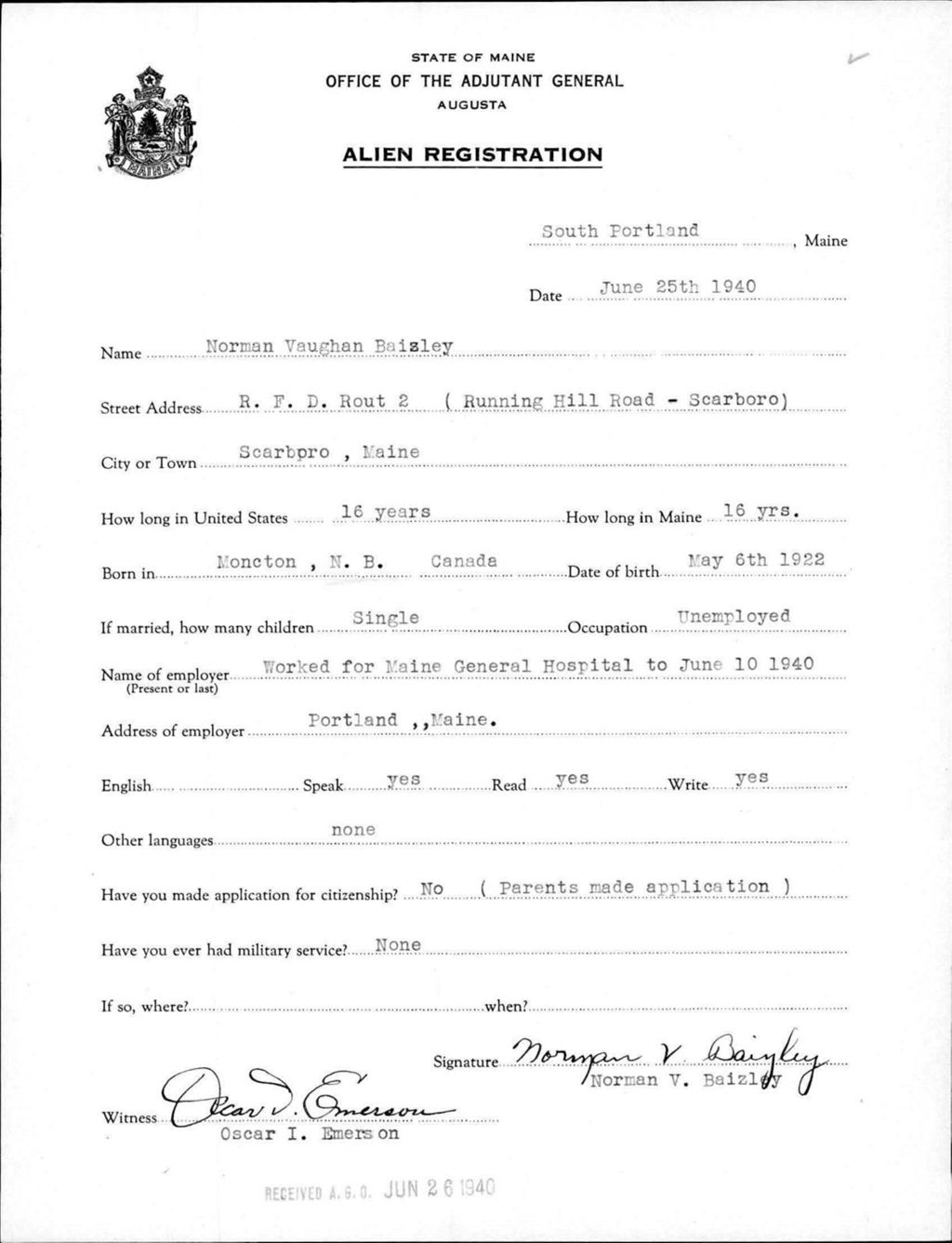Miniature of Alien Registration- Baizley, Norman V. (Portland, Cumberland County)