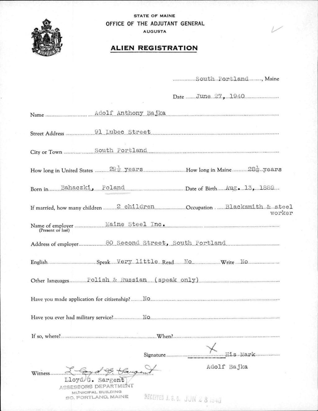 Miniature of Alien Registration- Bajka, Adolf A. (Portland, Cumberland County)