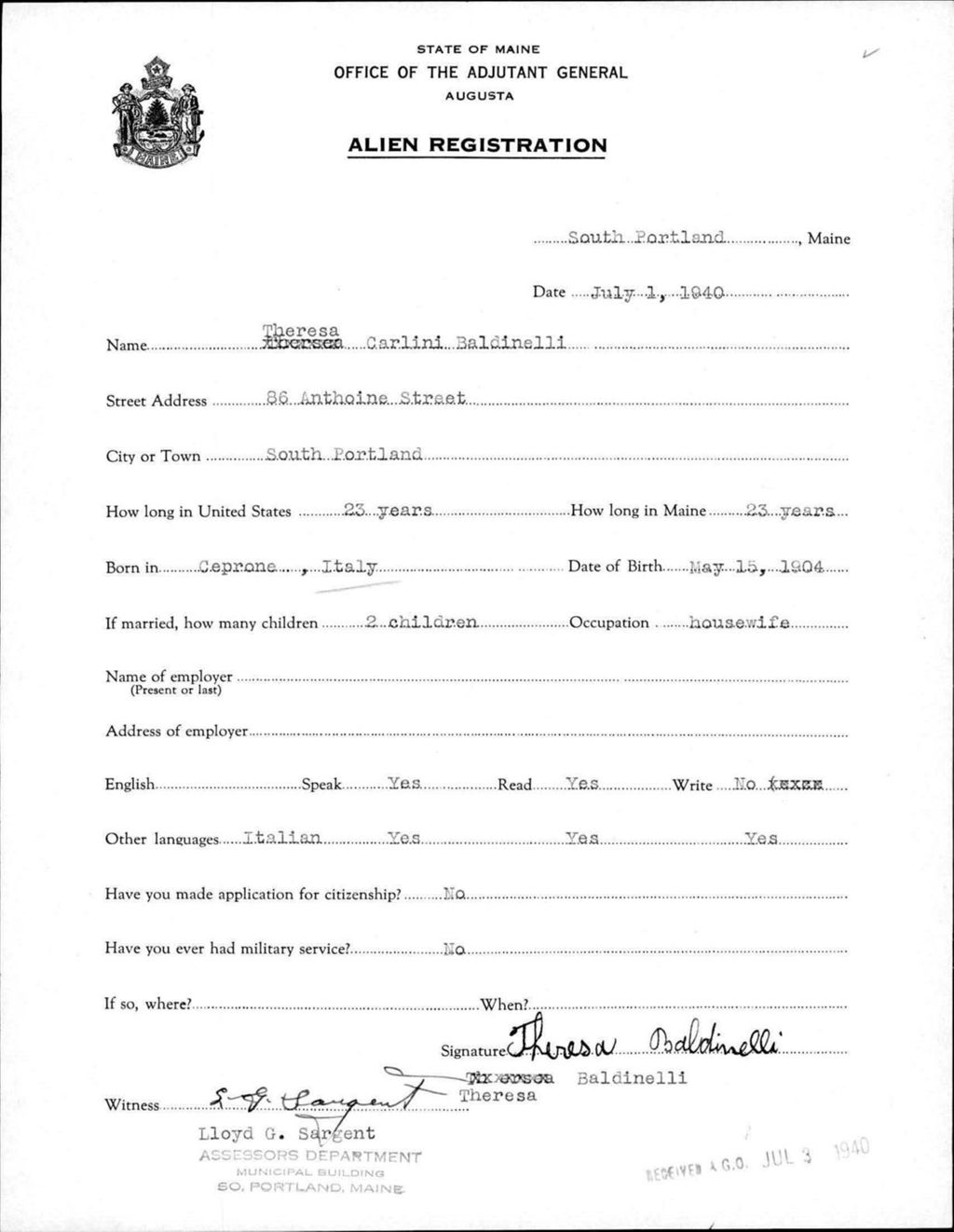 Miniature of Alien Registration- Carlini, Theresa (Portland, Cumberland County)