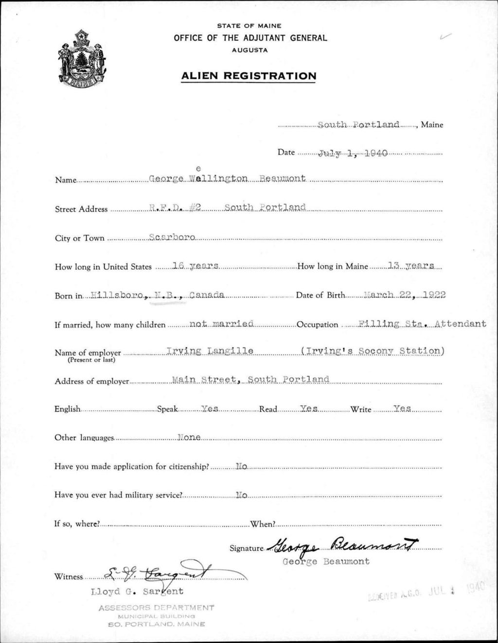 Miniature of Alien Registration- Beaumont, George W. (Portland, Cumberland County)