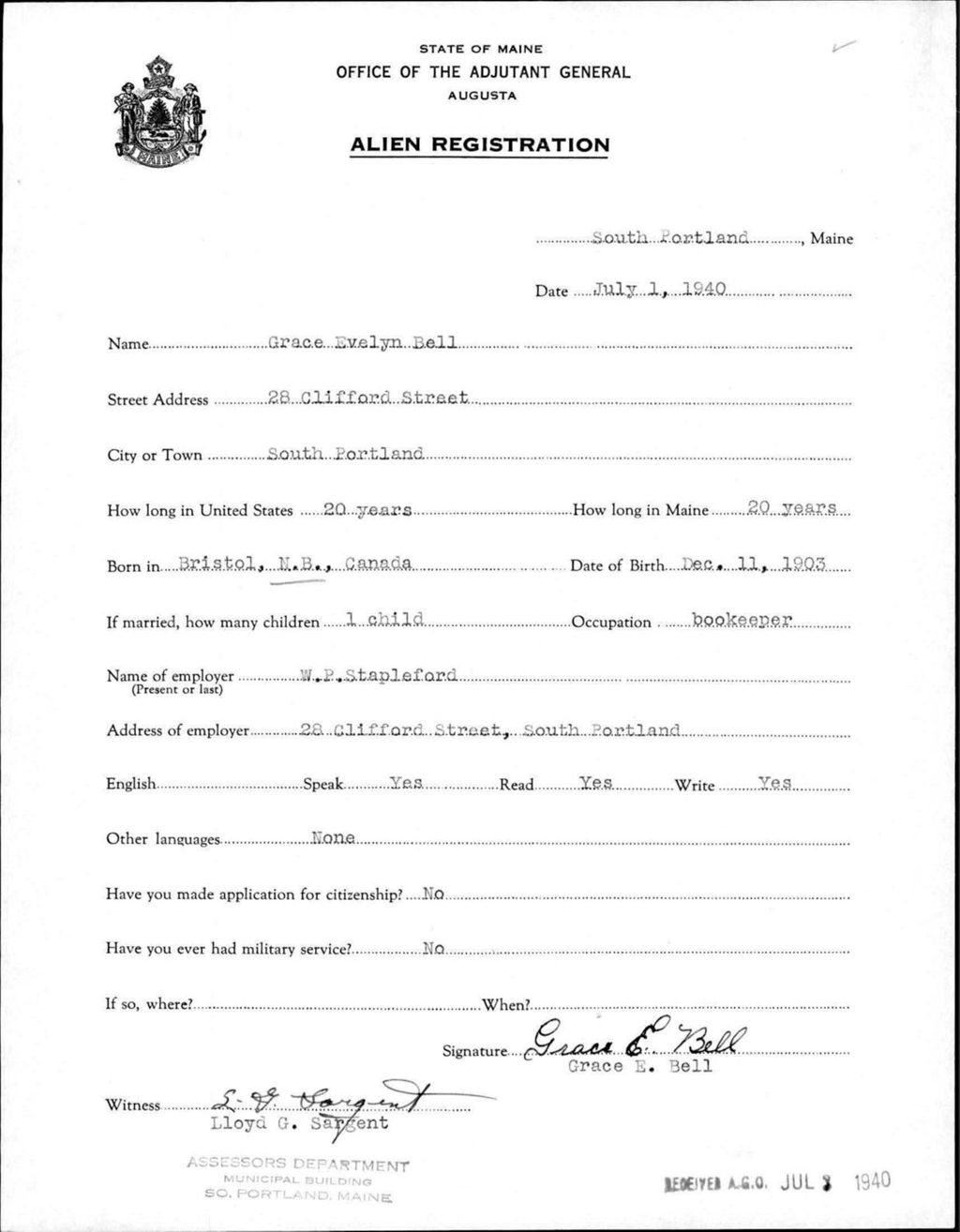 Miniature of Alien Registration- Bell, Grace E. (Portland, Cumberland County)