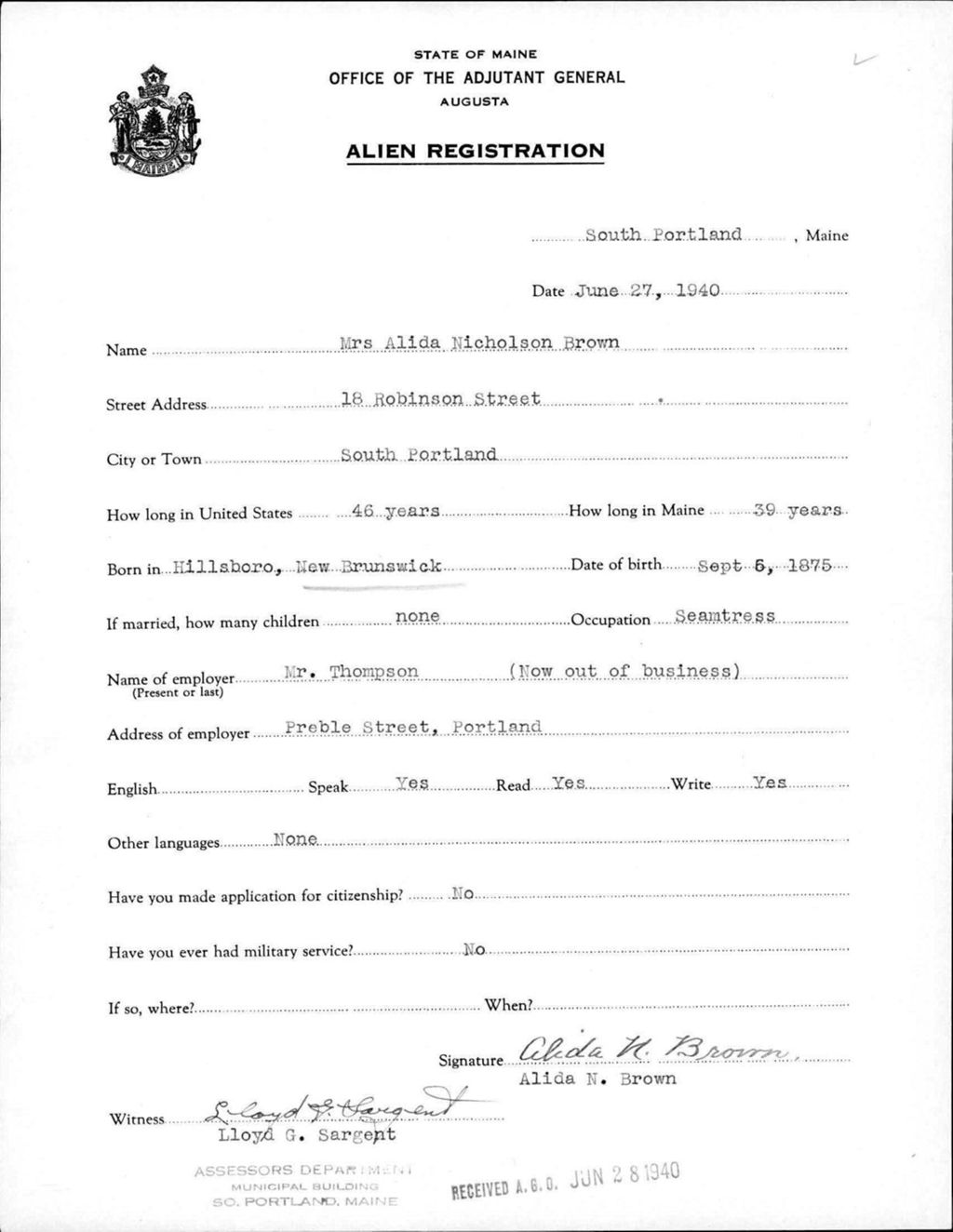 Miniature of Alien Registration- Nicholson, Alida (Portland, Cumberland County)