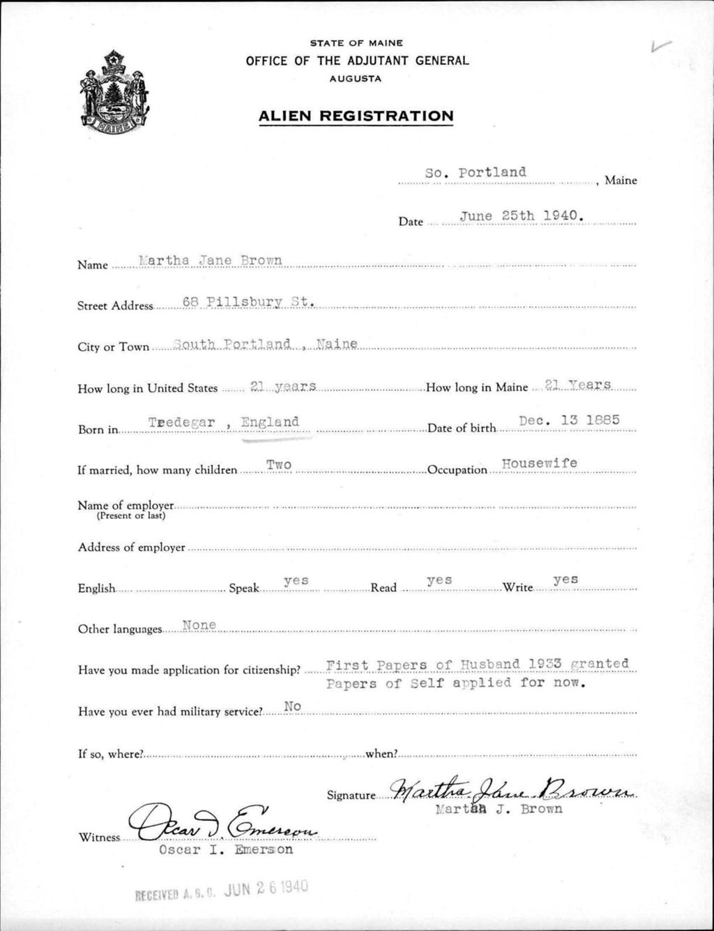 Miniature of Alien Registration- Brown, Martha J. (Portland, Cumberland County)
