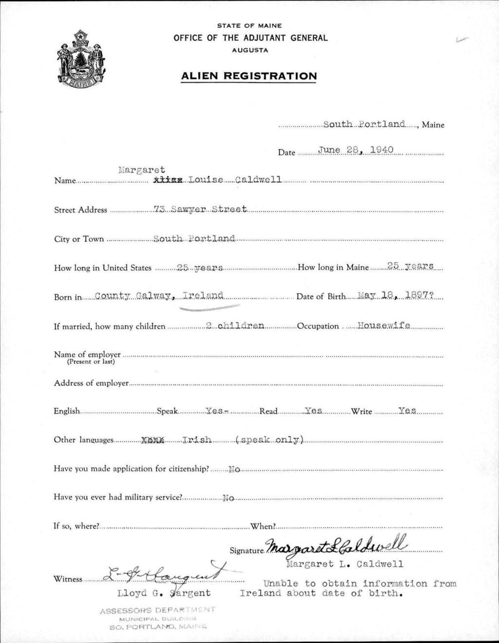 Miniature of Alien Registration- Caldwell, Margaret L. (Portland, Cumberland County)