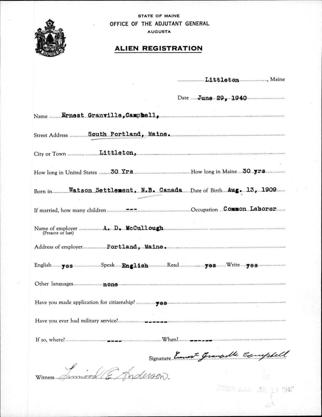 Miniature of Alien Registration- Campbell, Ernest G. (Portland, Cumberland County)