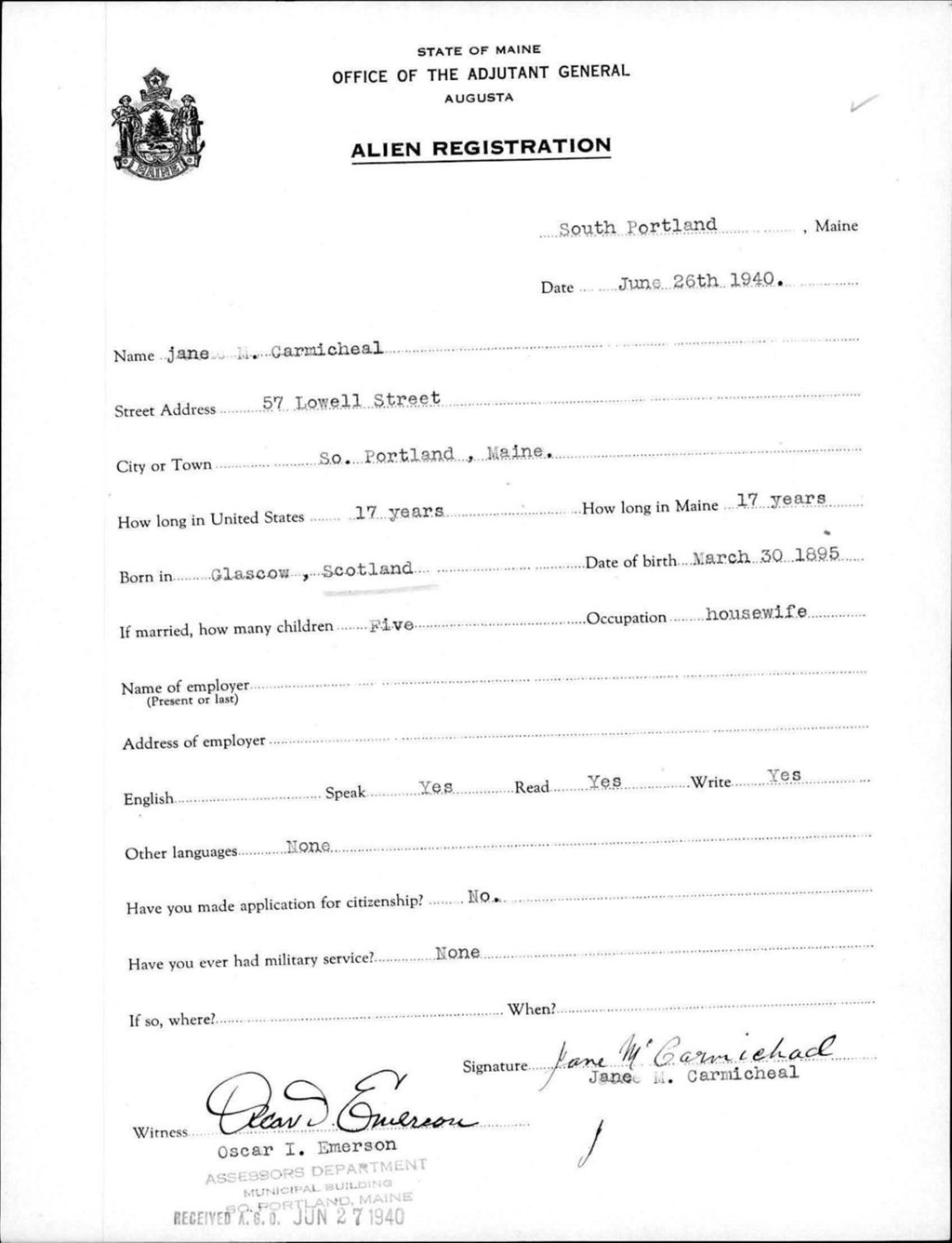 Miniature of Alien Registration- Carmichael, Jane M. (Portland, Cumberland County)
