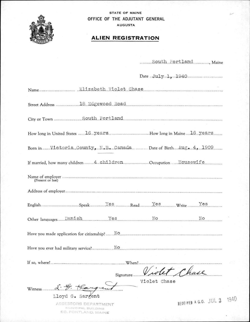Miniature of Alien Registration- Chase, Elizabeth V. (Portland, Cumberland County)