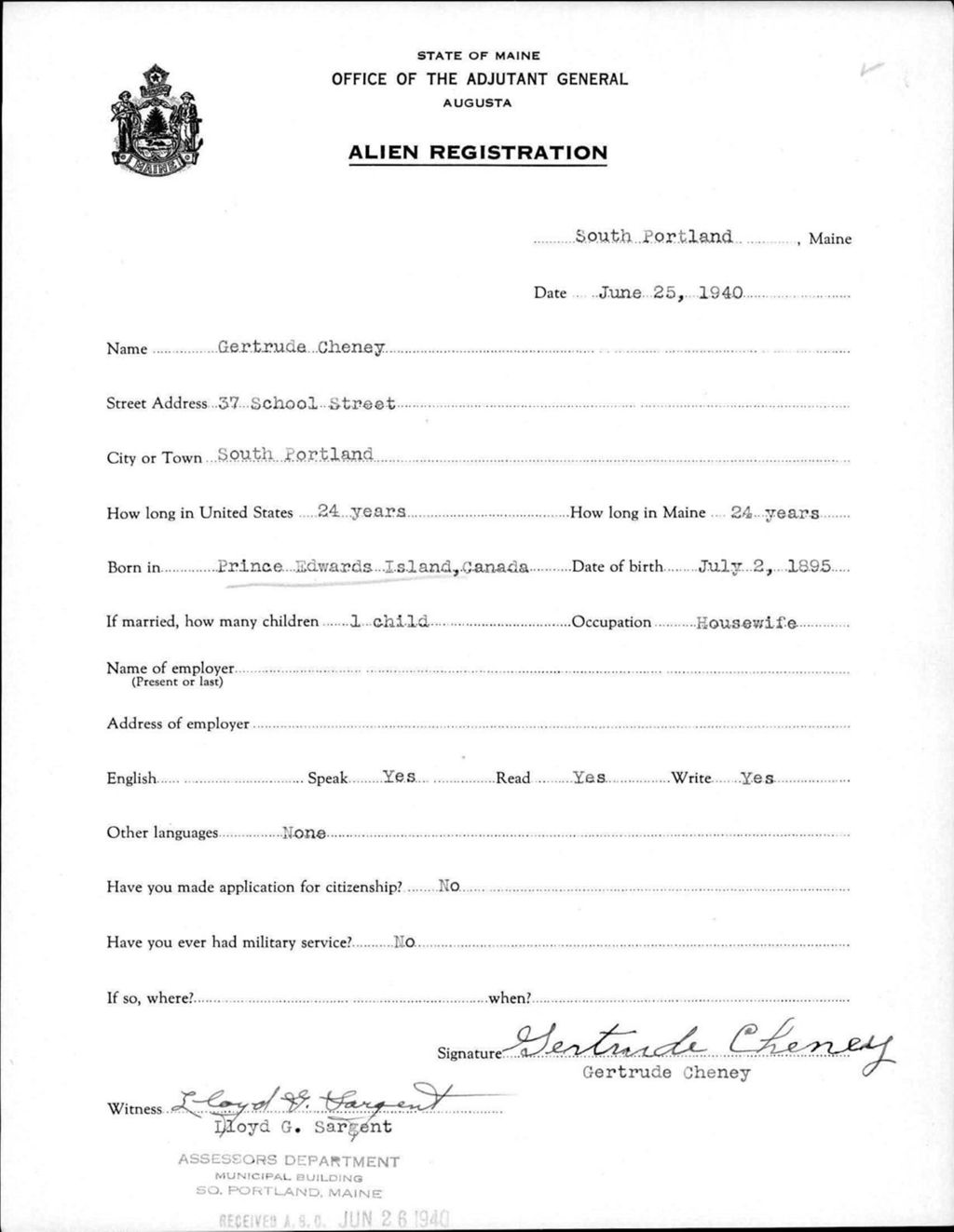 Miniature of Alien Registration- Cheney, Gertrude (Portland, Cumberland County)