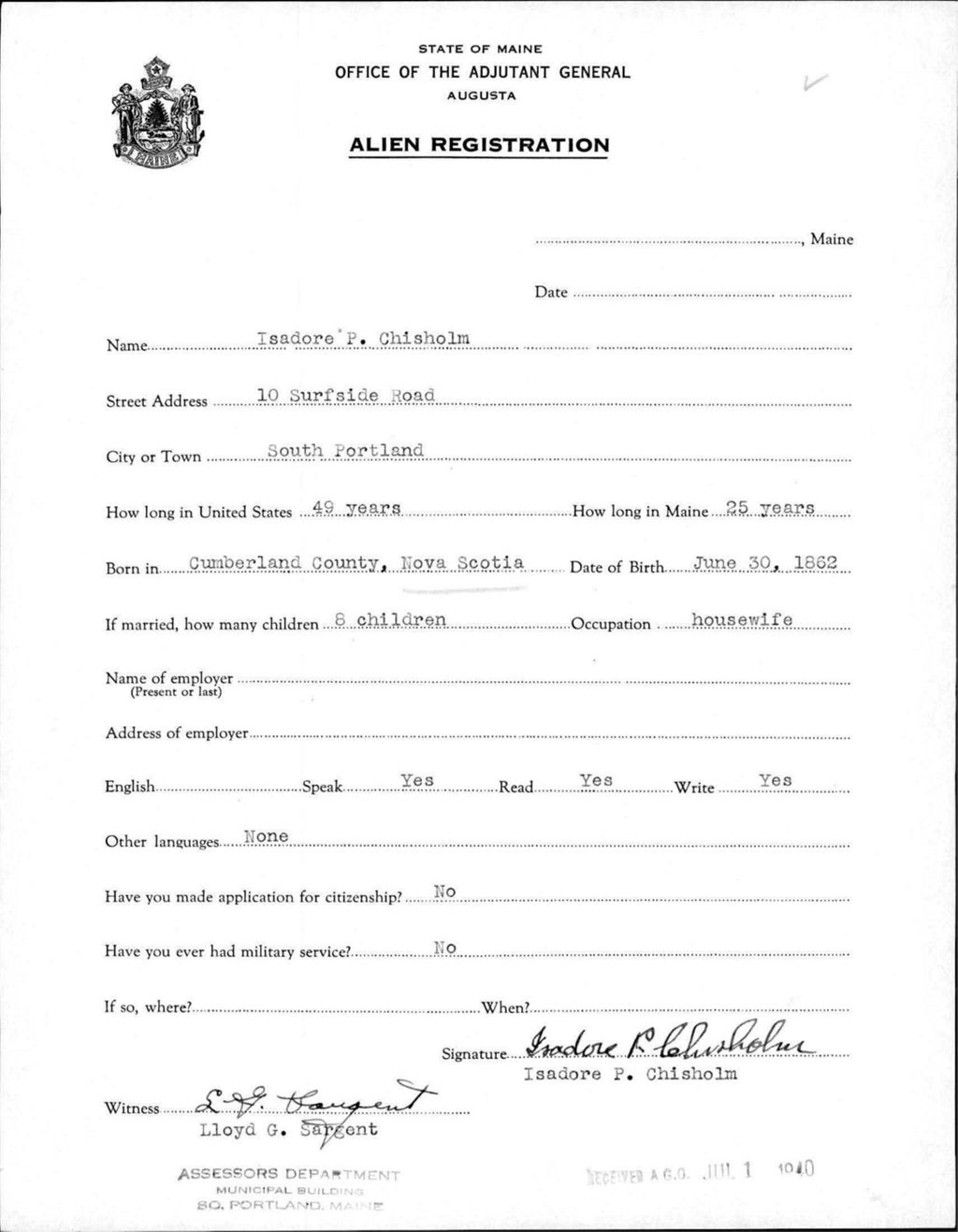 Miniature of Alien Registration- Chisholm, Isadore P. (Portland, Cumberland County)