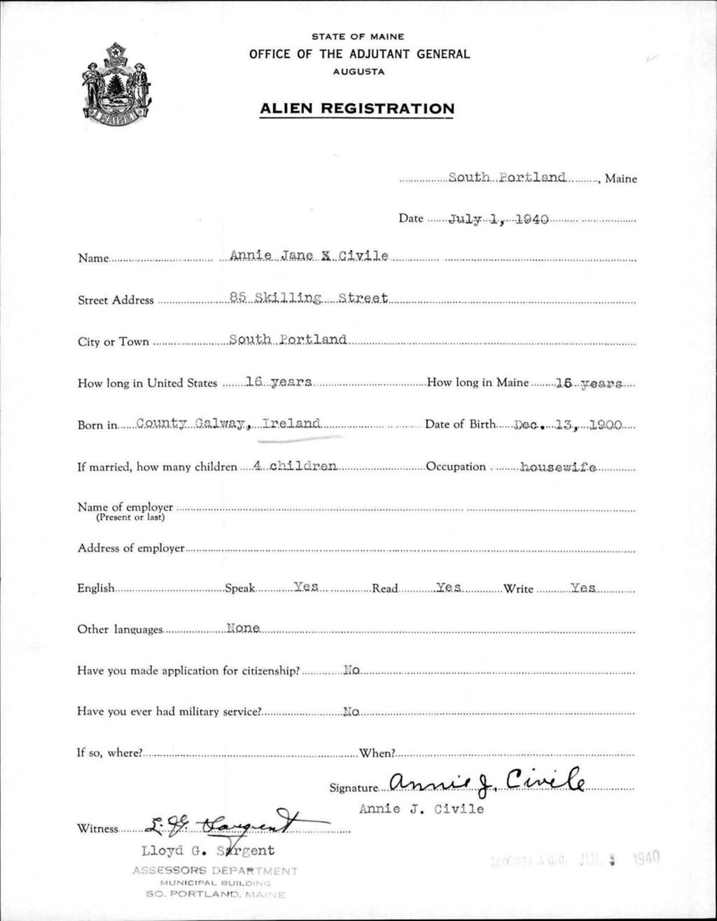 Miniature of Alien Registration- Civile, Annie J. (Portland, Cumberland County)