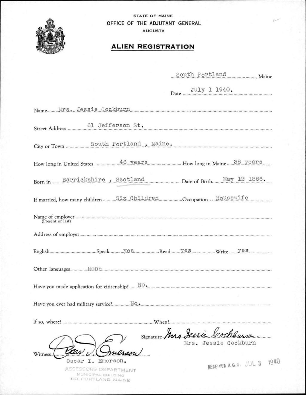 Miniature of Alien Registration- Cockburn, Jessie (Portland, Cumberland County)