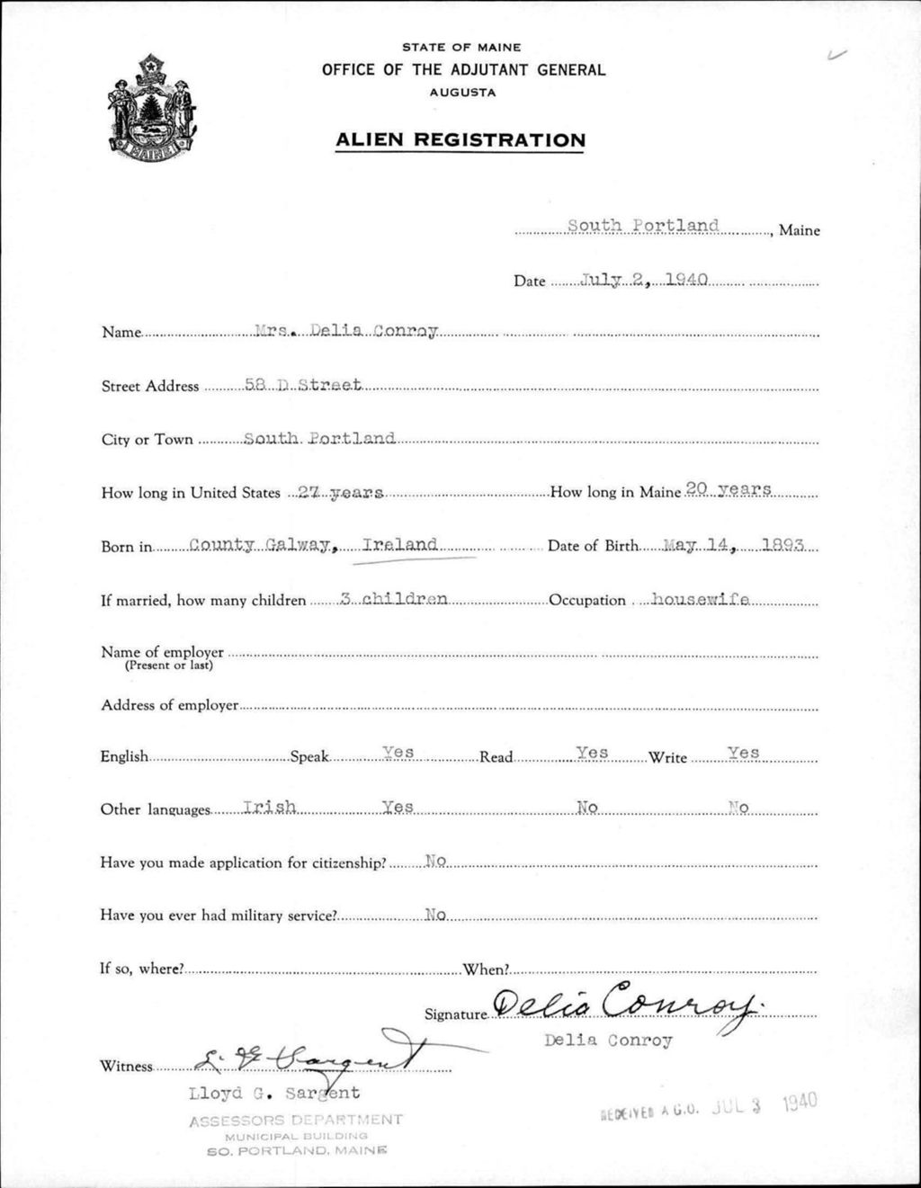 Miniature of Alien Registration- Conroy, Delia (Portland, Cumberland County)