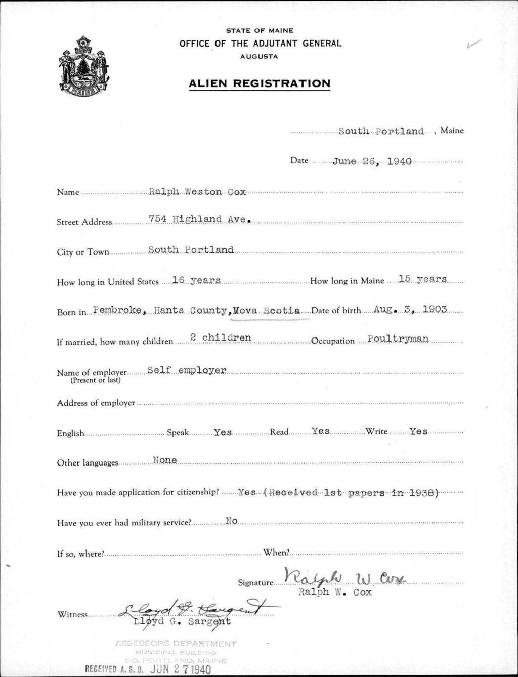 Miniature of Alien Registration- Cox, Ralph W. (Portland, Cumberland County)