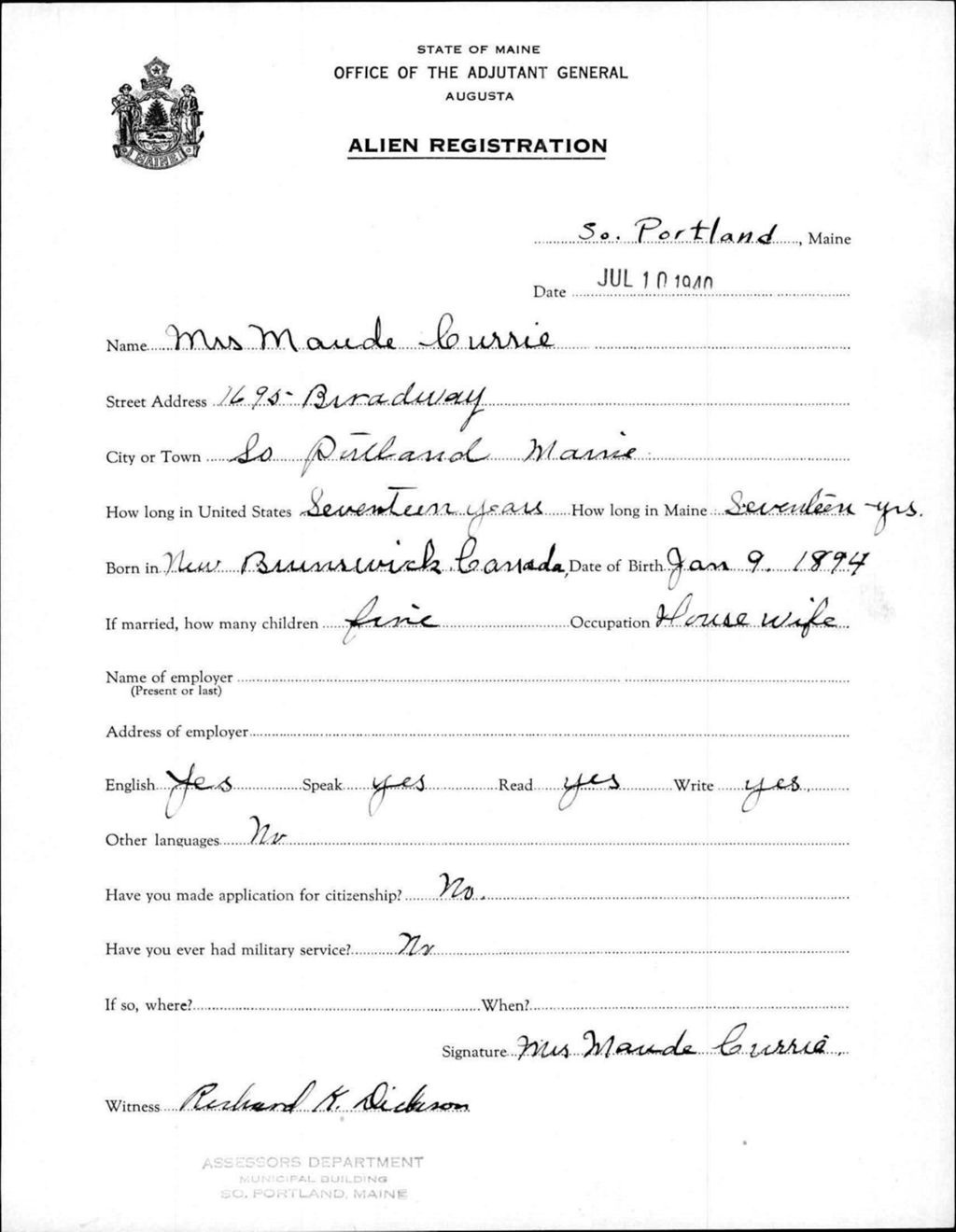 Miniature of Alien Registration- Currie, Maude (Portland, Cumberland County)