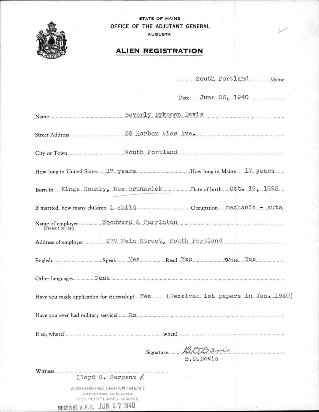 Miniature of Alien Registration- Davis, Beverly D. (Portland, Cumberland County)